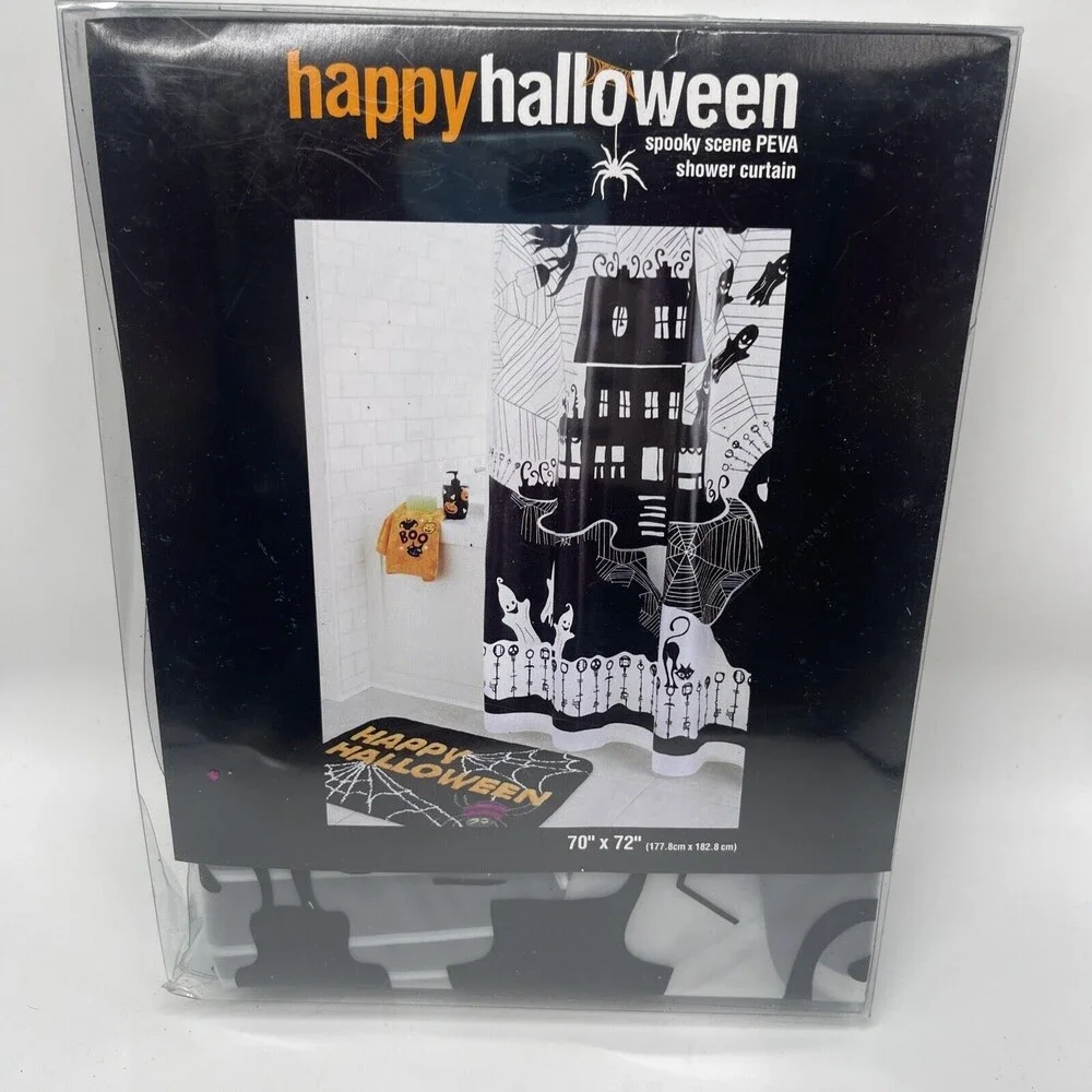 Happy Halloween Black & White Spooky Scene PEVA Shower Curtain 70”x72” New